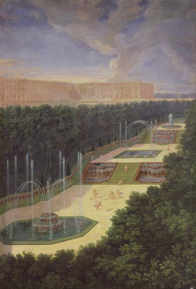 I boschetti di Versailles, vista prospettica delle Tre Fontane con cherubini che rastrellano e annaffiano, 1688 da Jean the Younger Cotelle